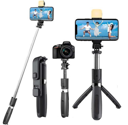 Extendable Flash 3 - in - 1 Selfie Stick Tripod with Bluetooth Remote - Pexsho